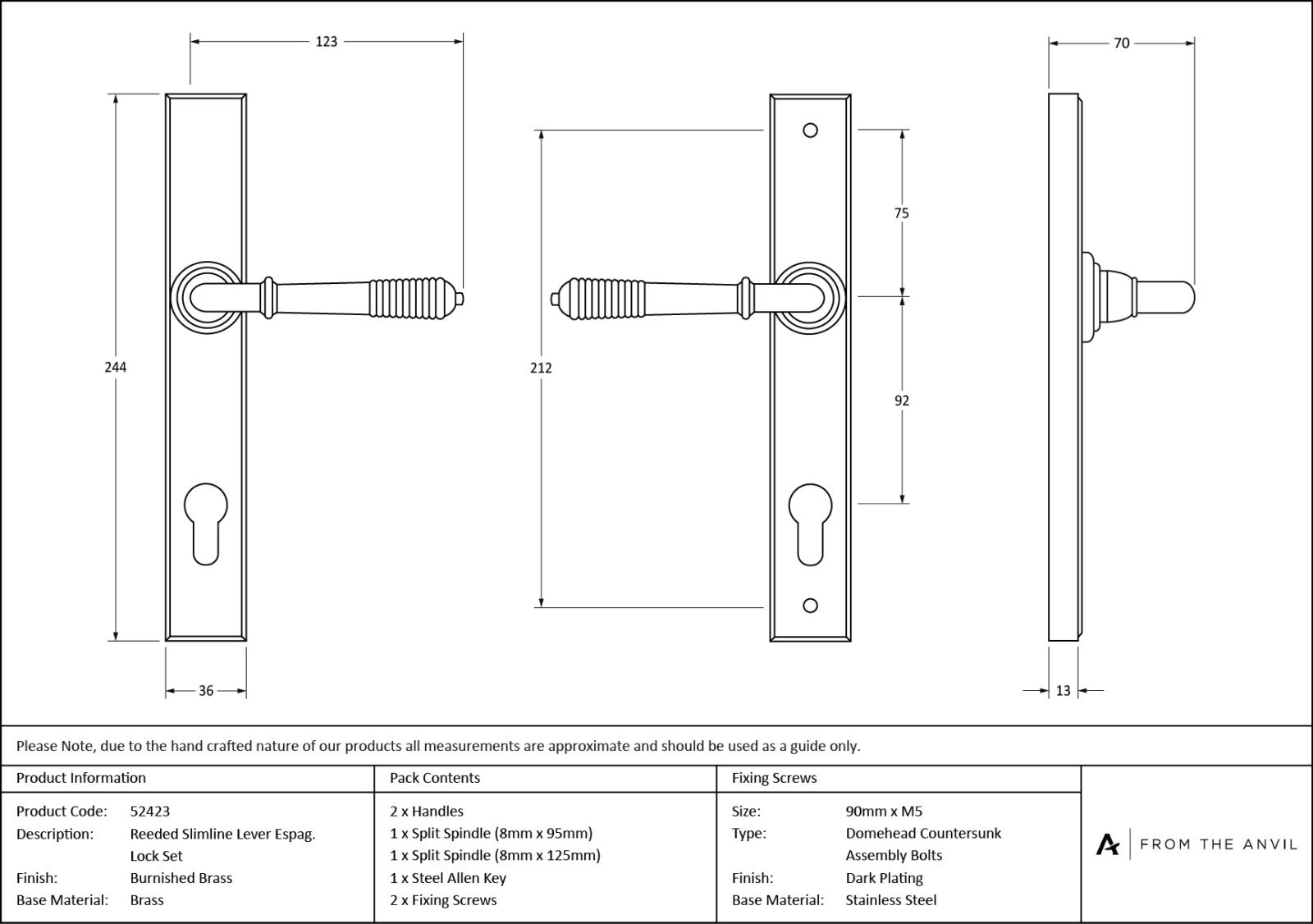 burnished brass reeded slimline lever espag. lock set