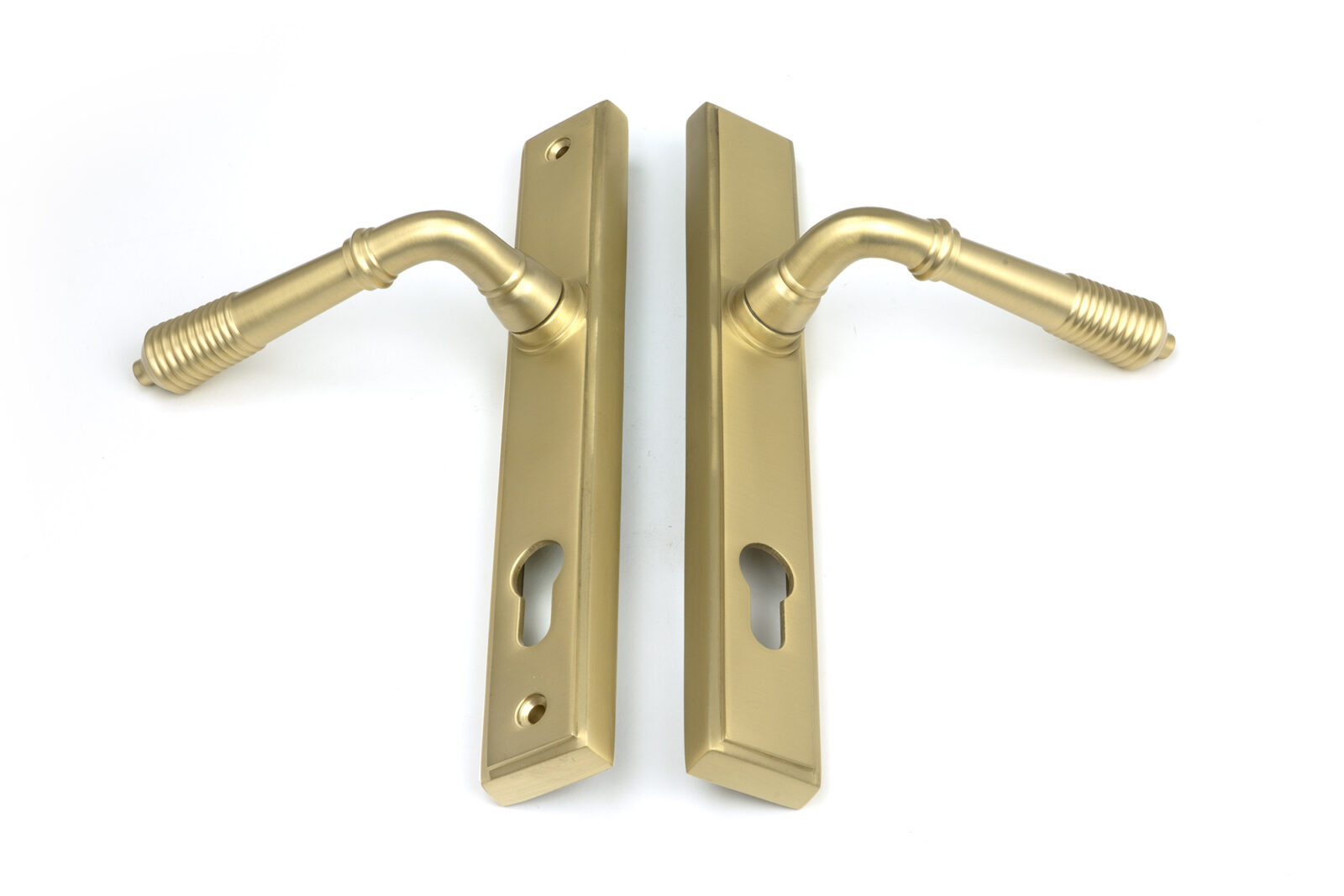 satin brass reeded slimline lever espag. lock set