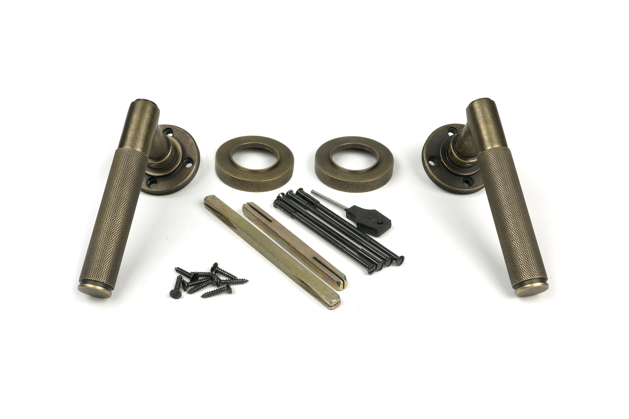 burnished brass brompton lever on rose set (plain)