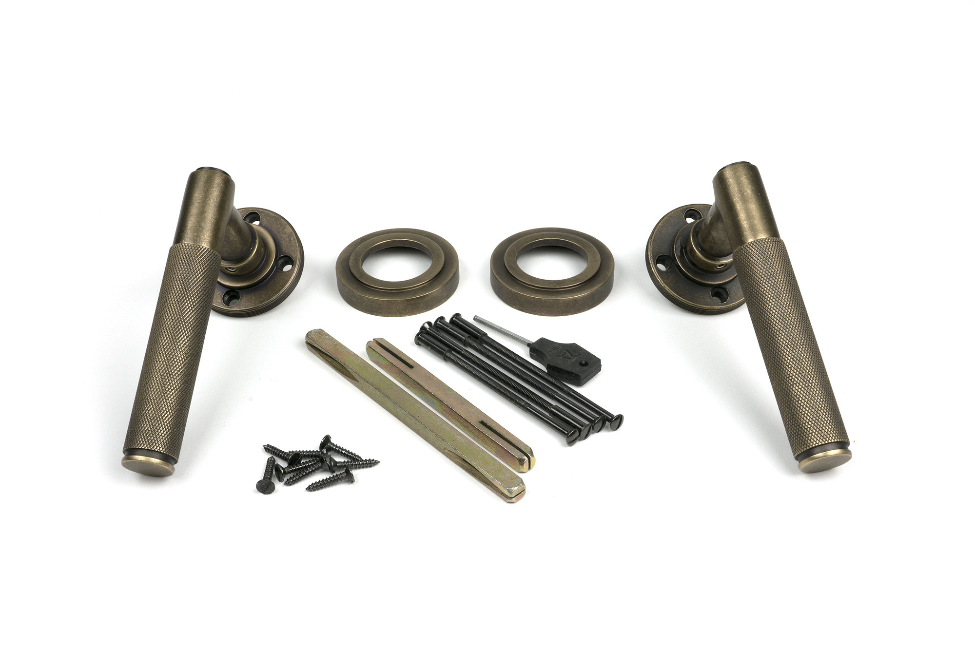 burnished brass brompton lever on rose set (art deco)