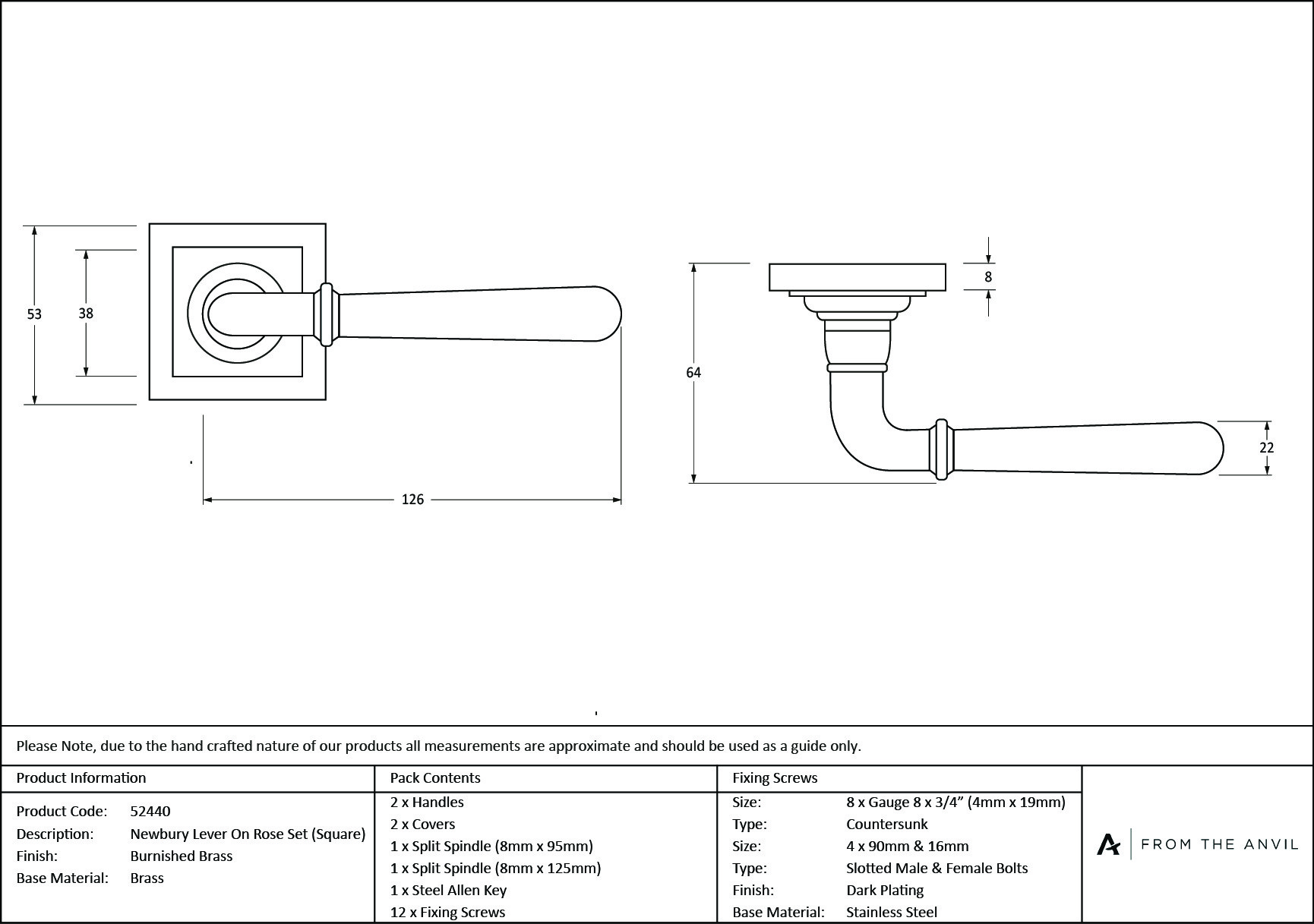 burnished brass newbury lever on rose set (square)