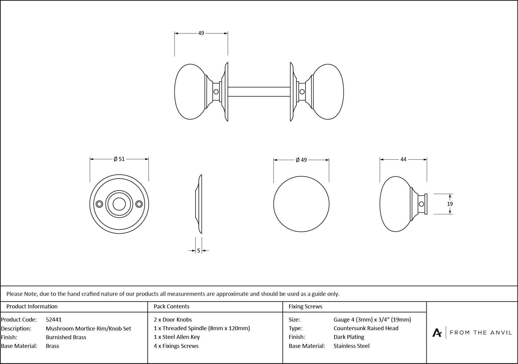burnished brass 49mm mushroom mortice/rim knob set