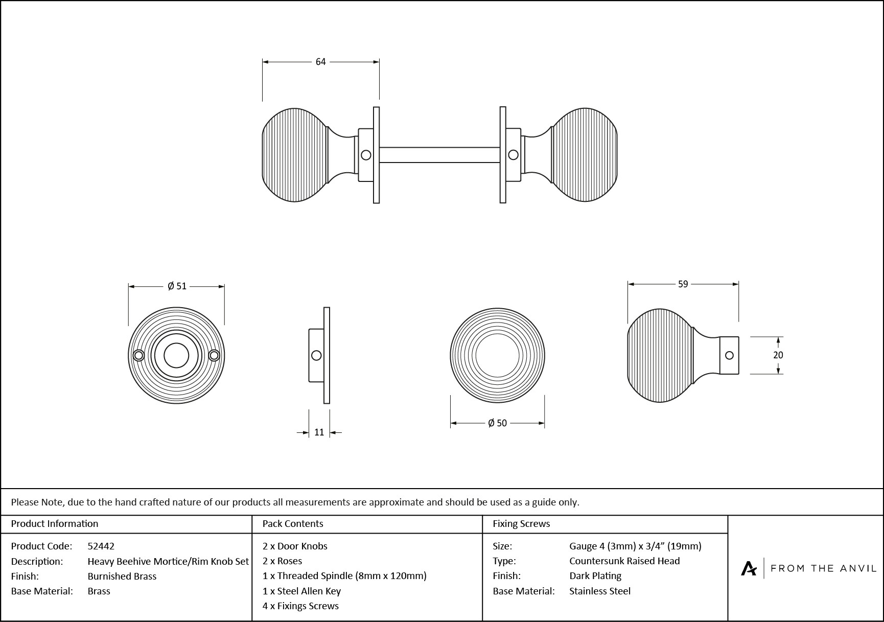 burnished brass heavy beehive mortice/rim knob set