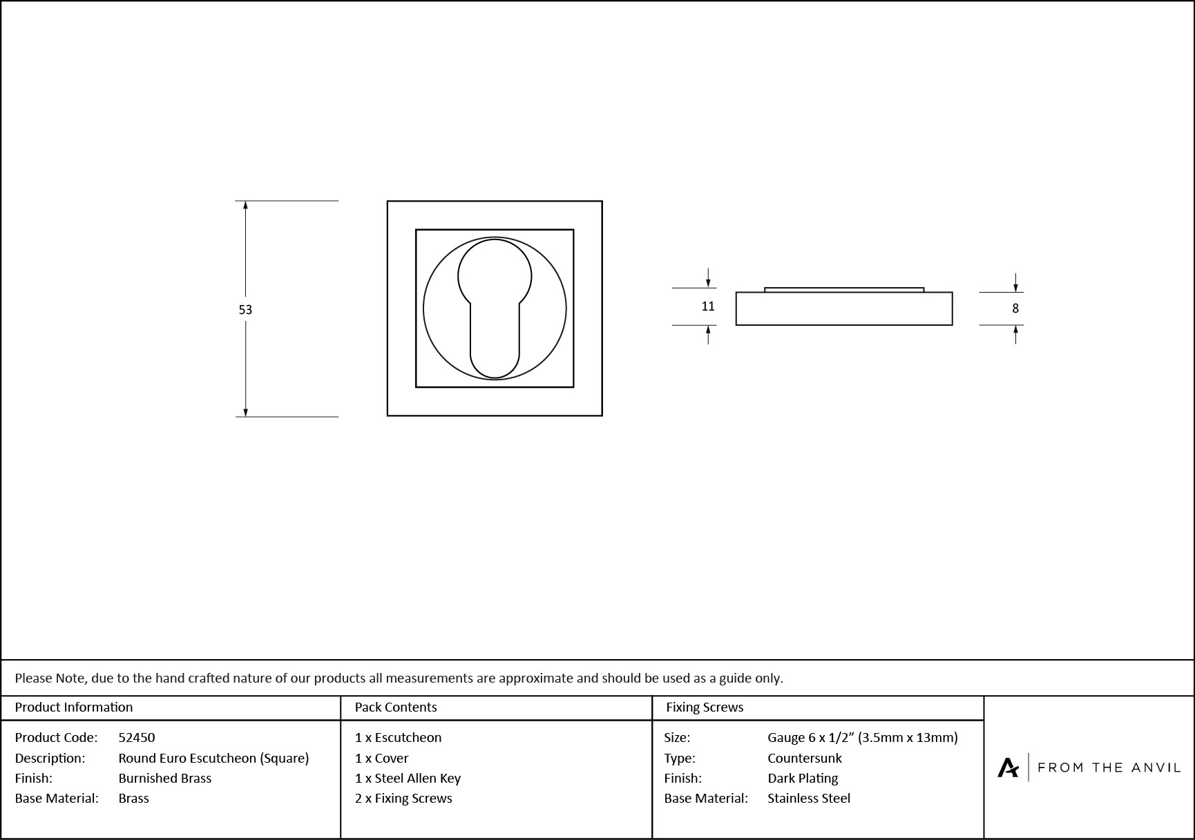 burnished brass round euro escutcheon (square)