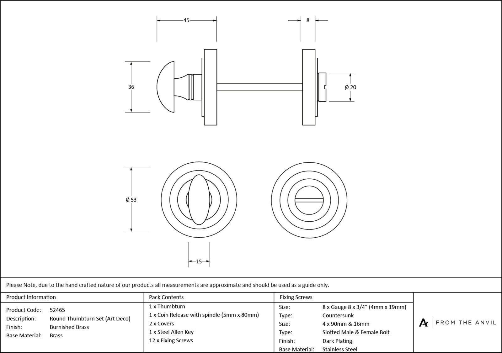 burnished brass round thumbturn set (art deco)