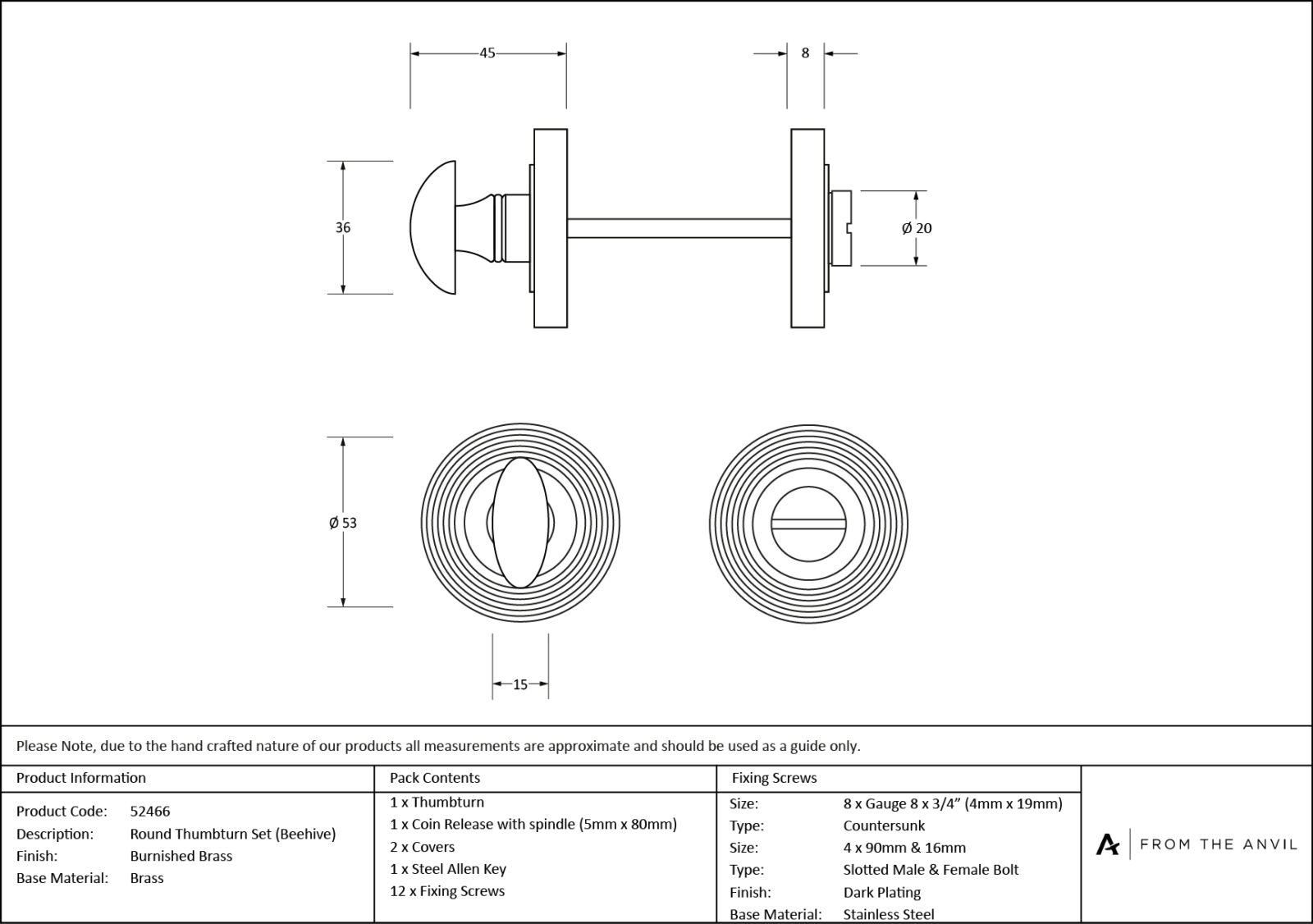 burnished brass round thumbturn set (beehive)