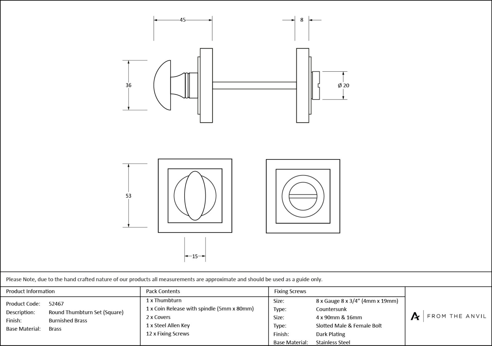 burnished brass round thumbturn set (square)