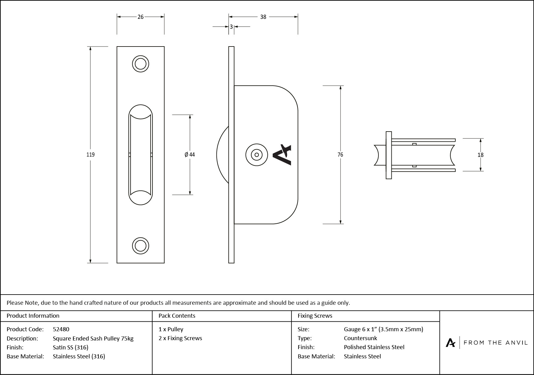satin marine ss (316) square ended sash pulley 75kg