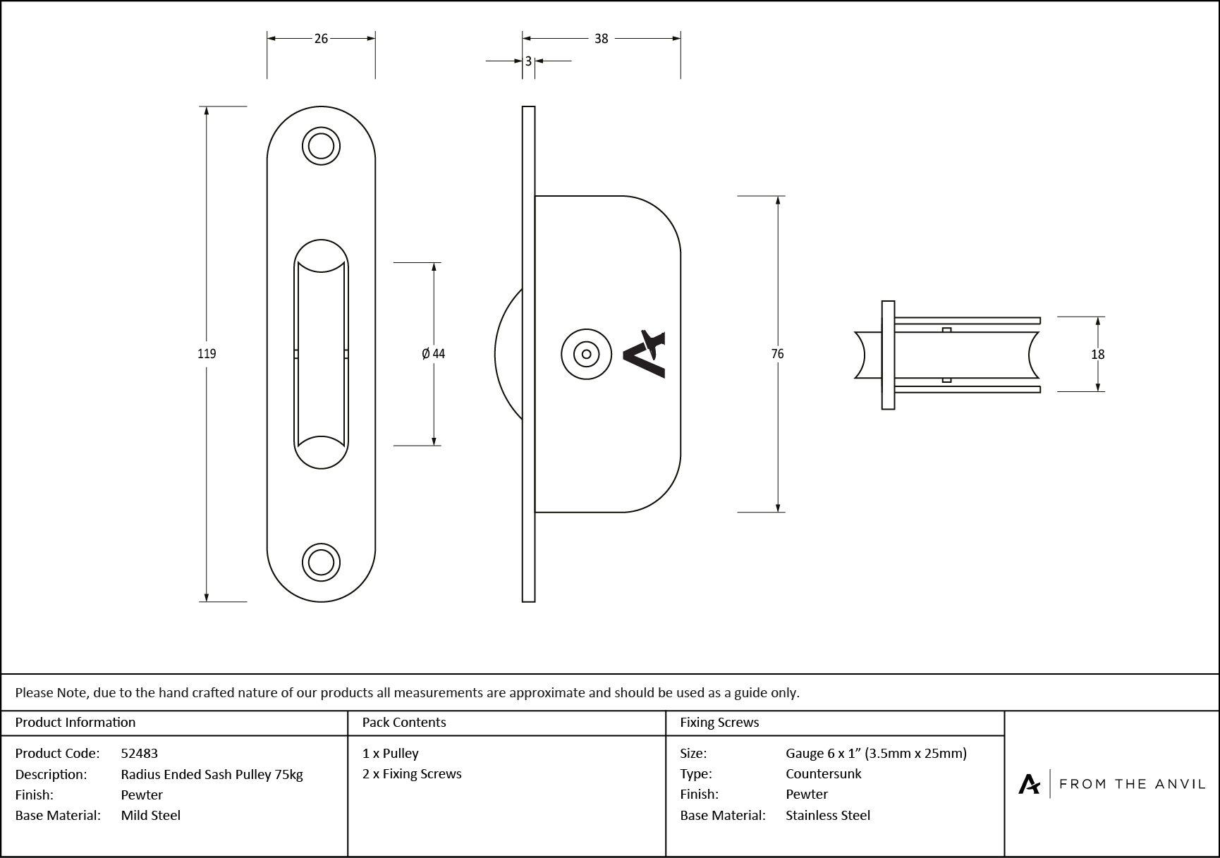 pewter radiused sash pulley 75kg