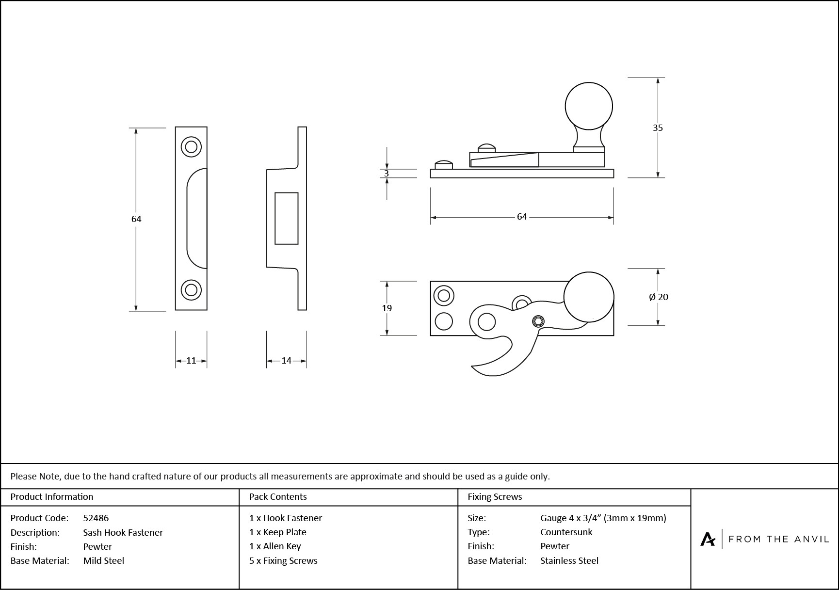 pewter sash hook fastener
