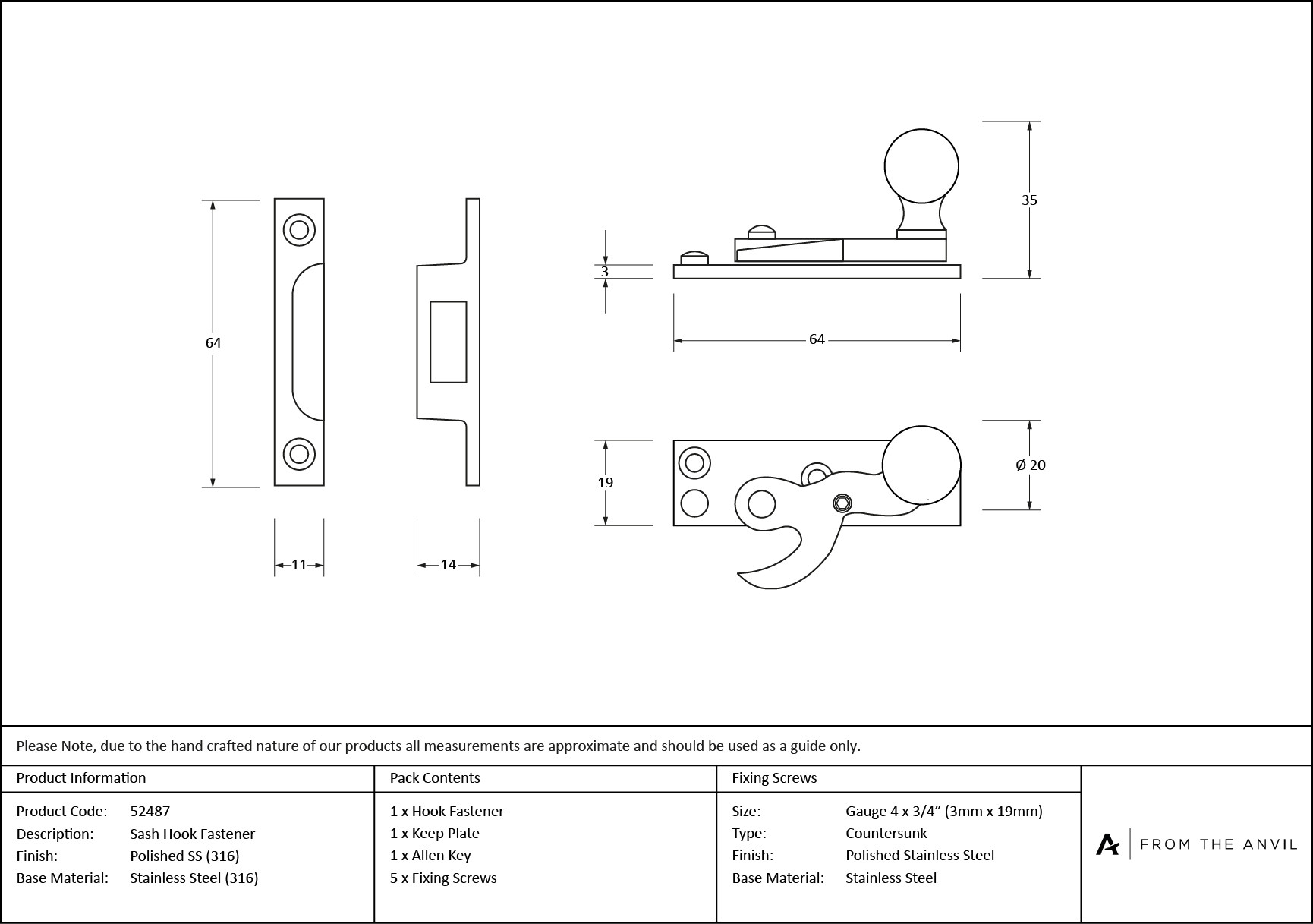 polished marine ss (316) sash hook fastener