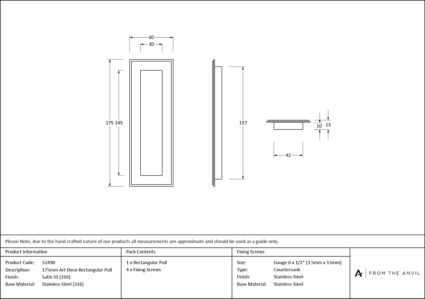 satin marine ss (316) 175mm art deco rectangular pull