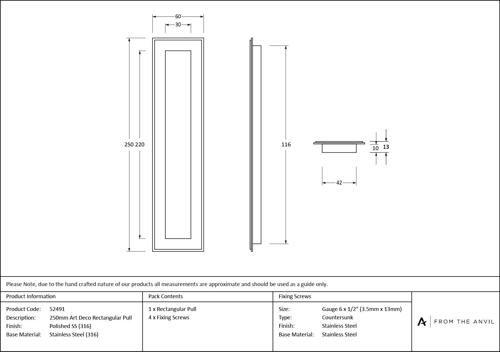 polished marine ss (316) 250mm art deco rectangular pull