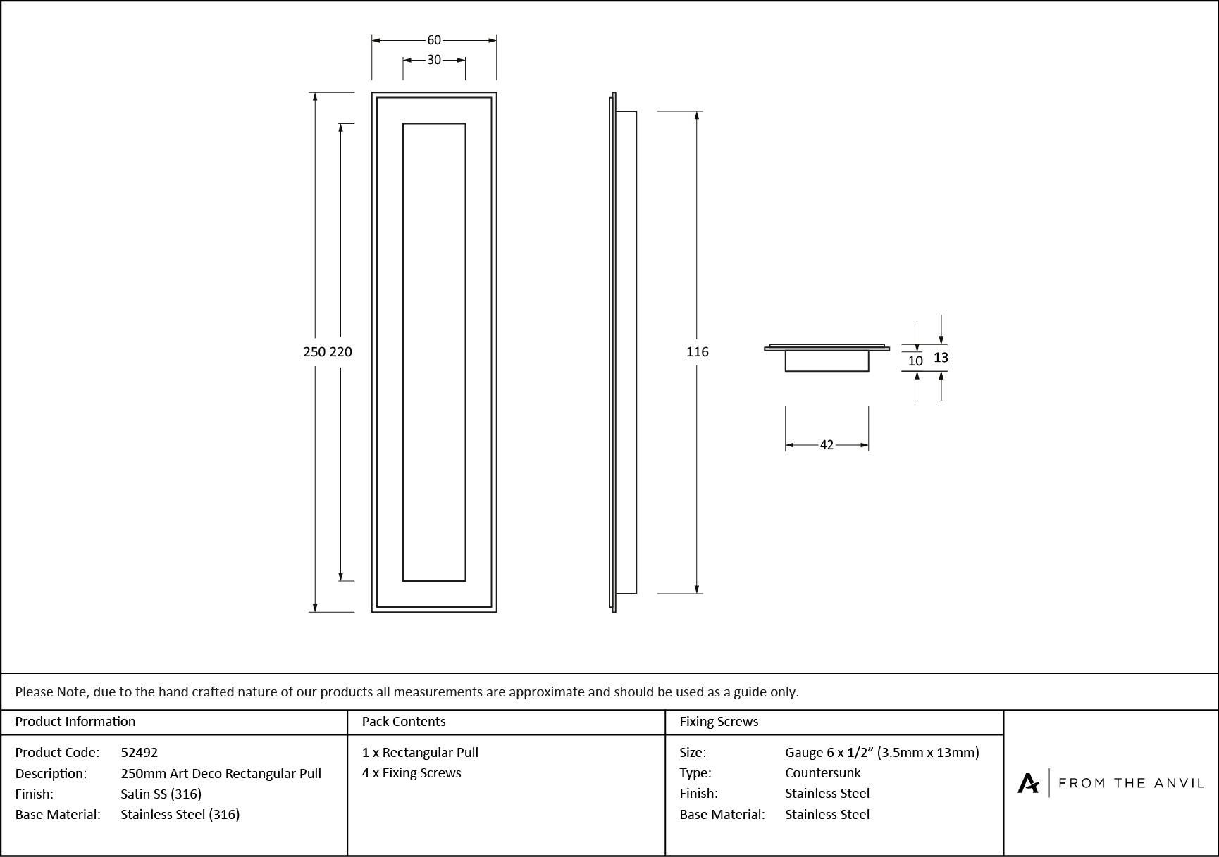 satin marine ss (316) 250mm art deco rectangular pull