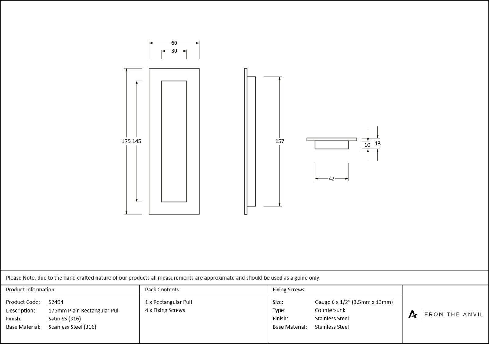 satin marine ss (316) 175mm plain rectangular pull