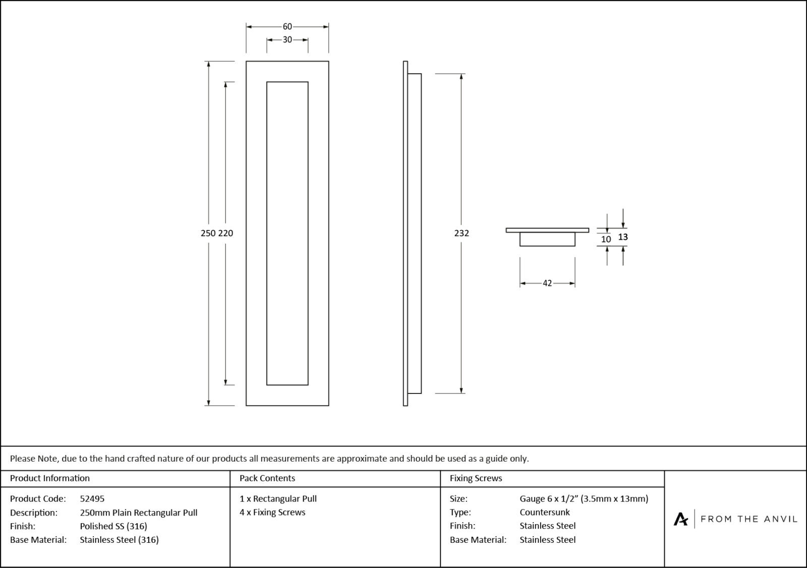 polished marine ss (316) 250mm plain rectangular pull