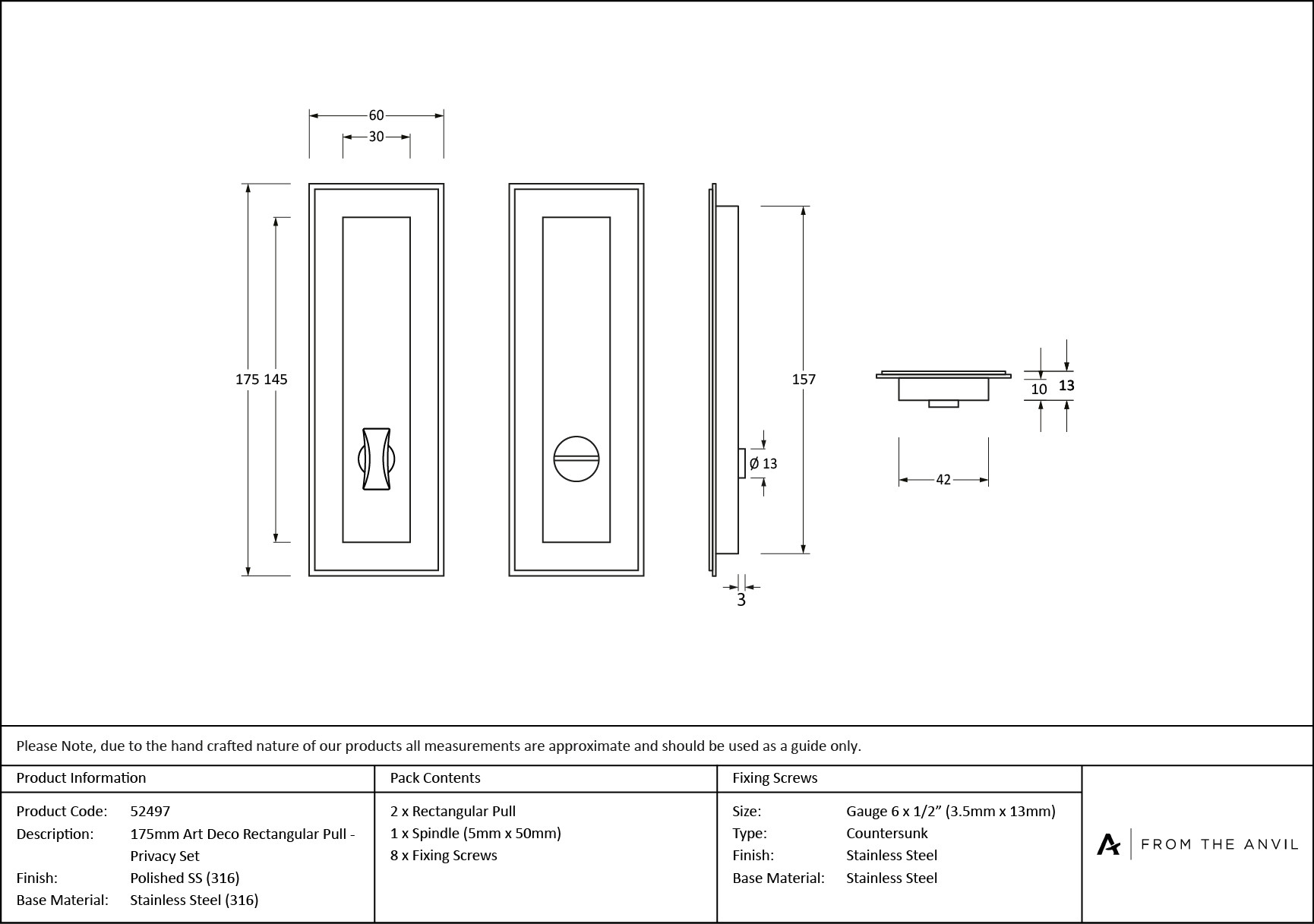 polished marine ss (316) 175mm art deco rectangular pull privacy set