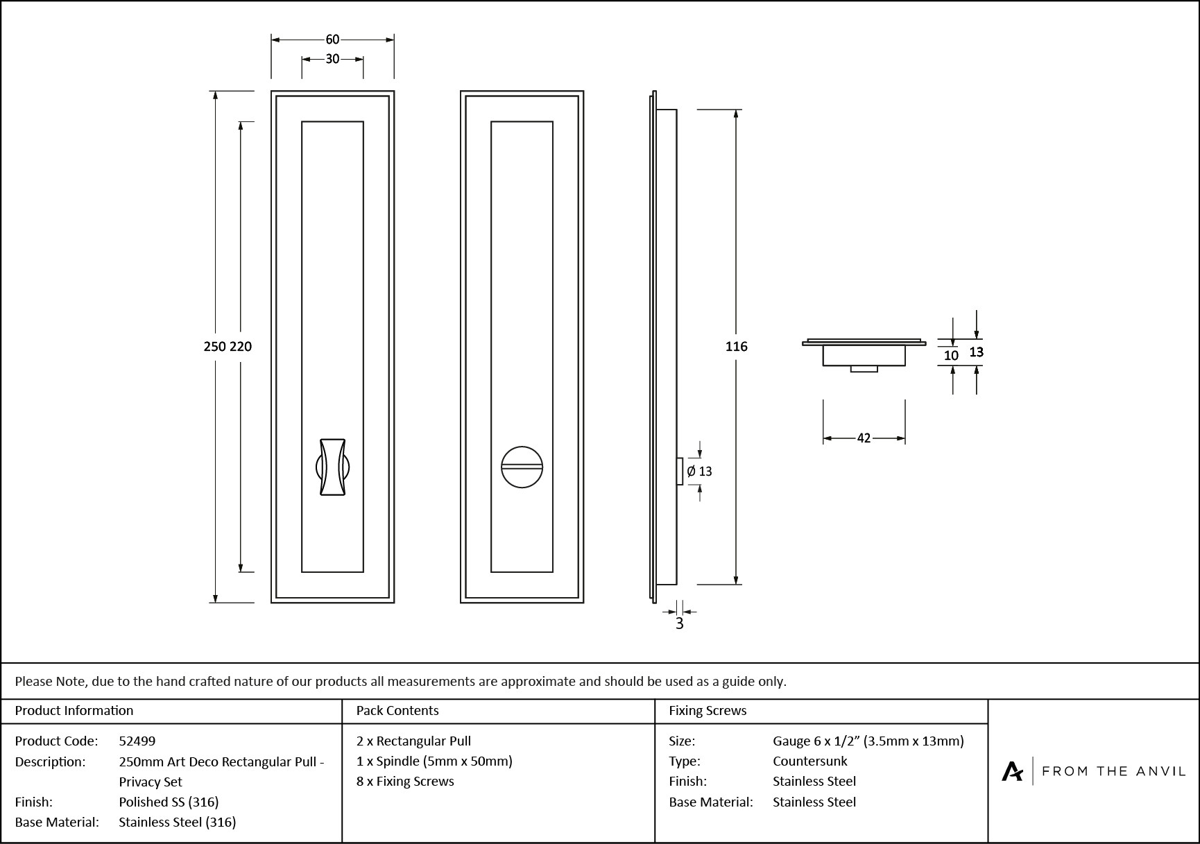 polished marine ss (316) 250mm art deco rectangular pull privacy set