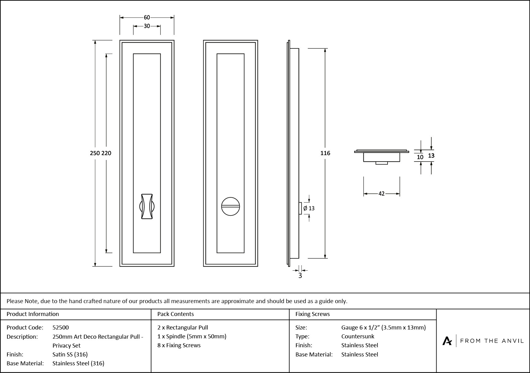 satin marine ss (316) 250mm art deco rectangular pull privacy set