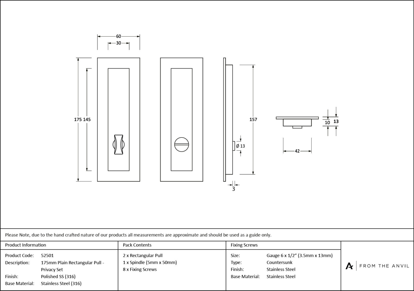 polished marine ss (316) 175mm plain rectangular pull privacy set