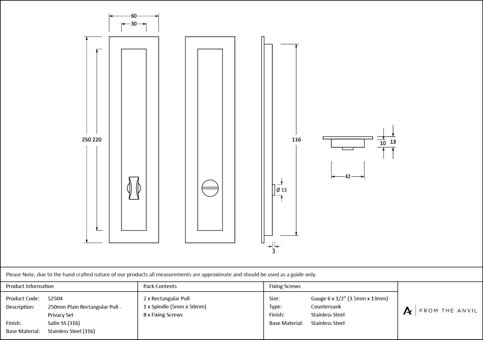 satin marine ss (316) 250mm plain rectangular pull privacy set
