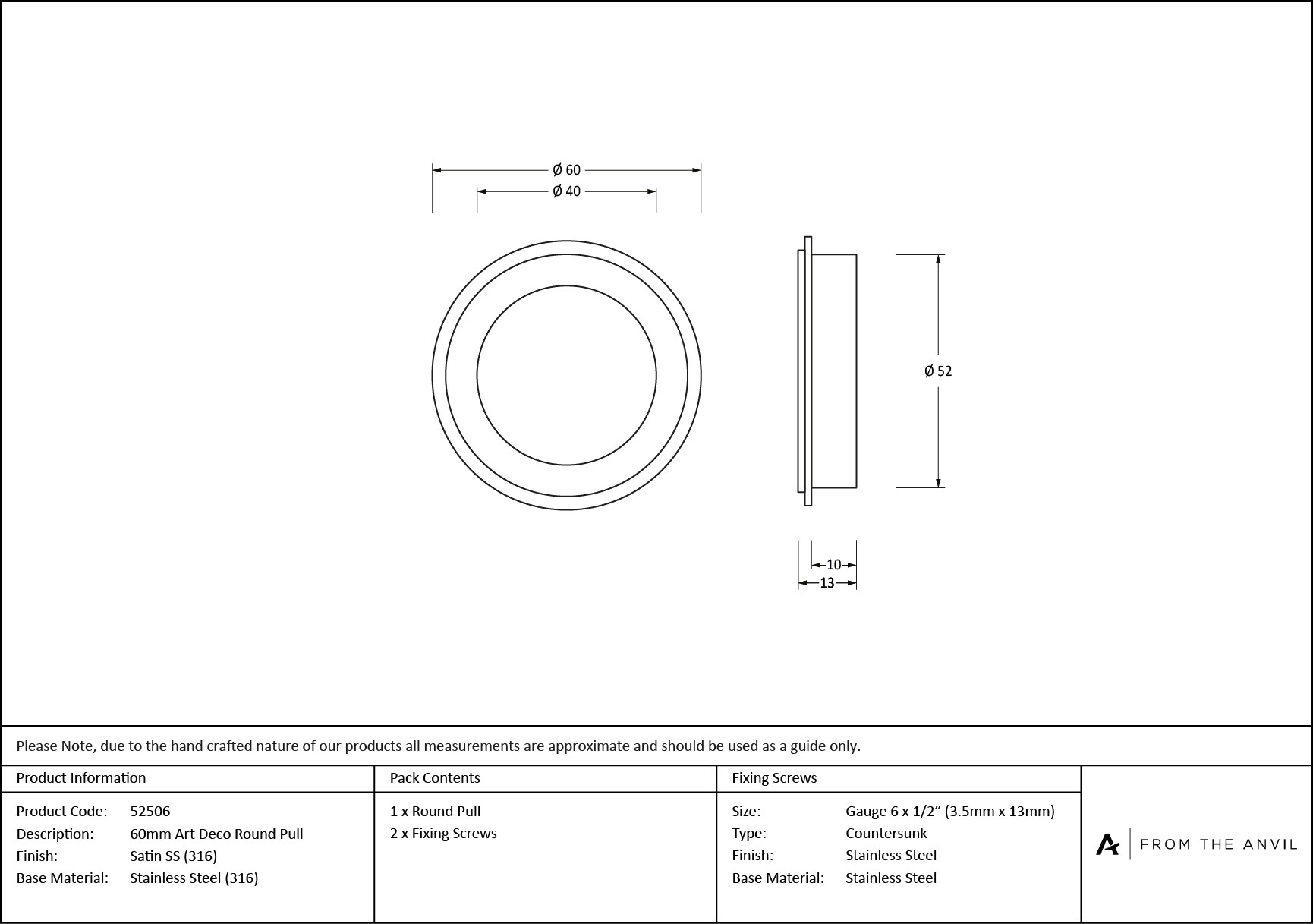 satin marine ss (316) 60mm art deco round pull