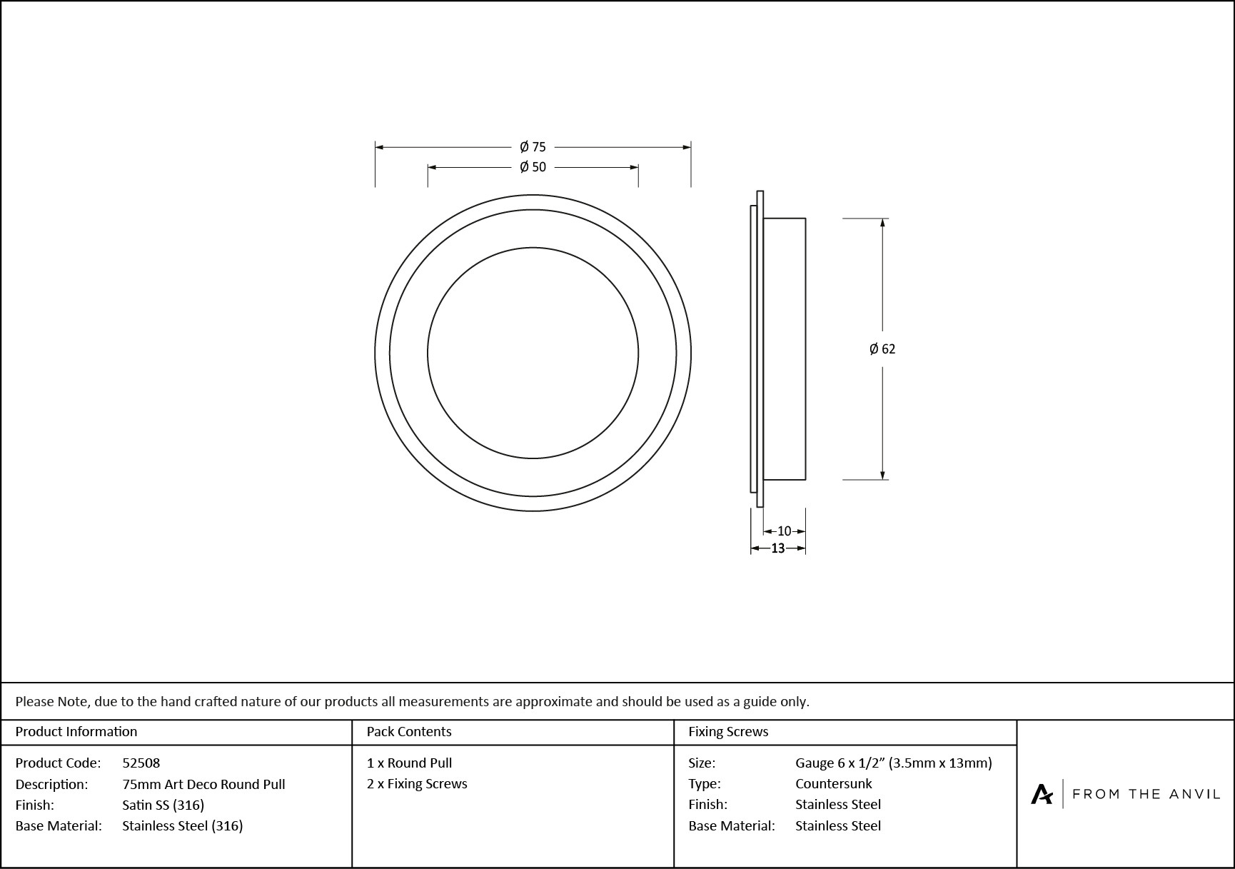 satin marine ss (316) 75mm art deco round pull
