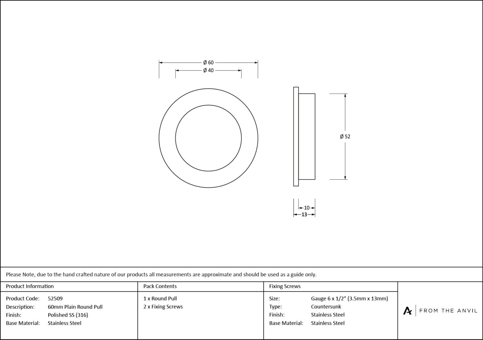 polished marine ss (316) 60mm plain round pull