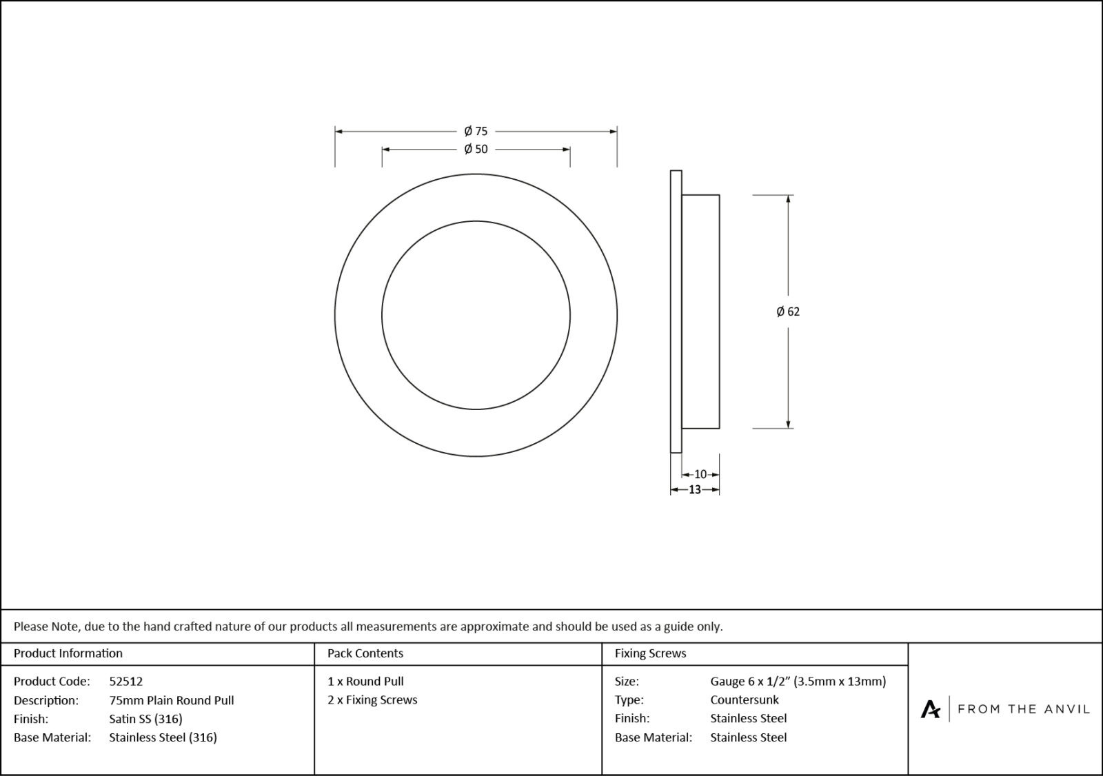 satin marine ss (316) 75mm plain round pull