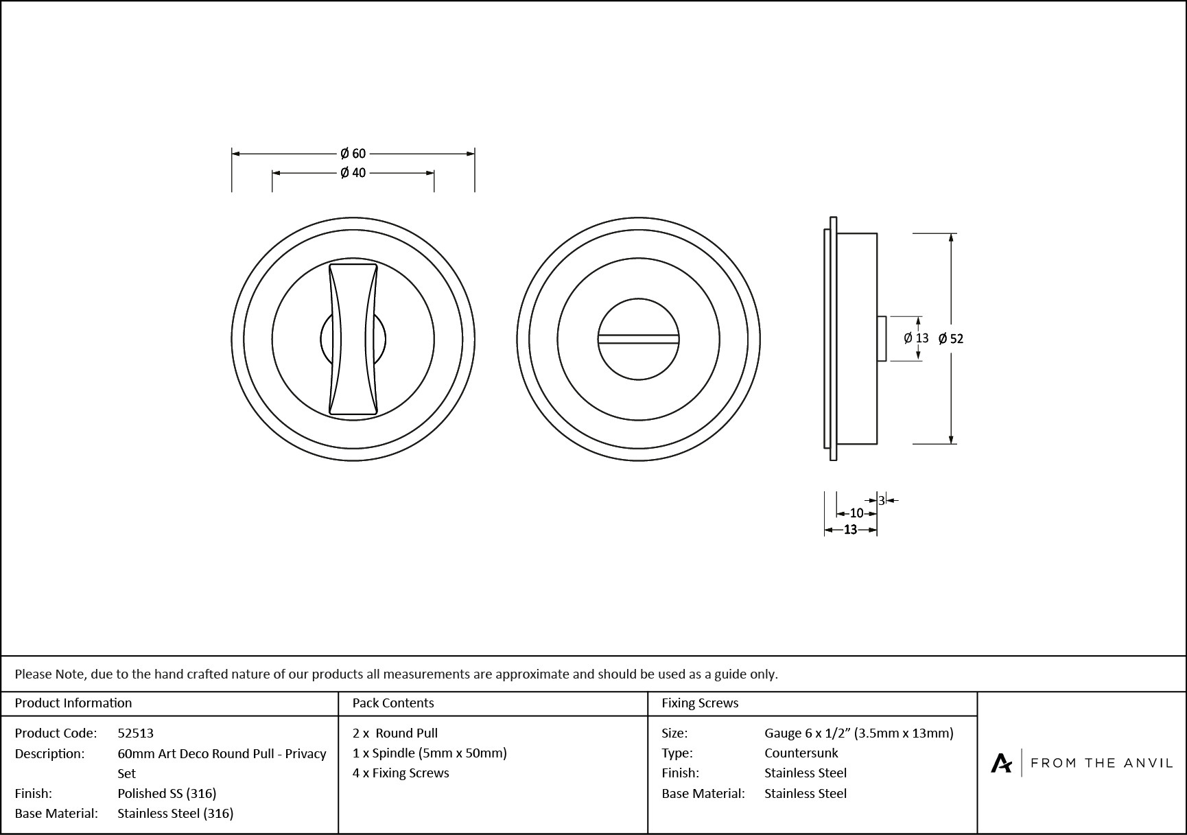 polished marine ss (316) 60mm art deco round pull privacy set