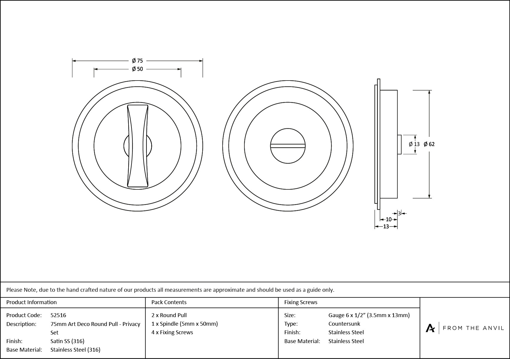 satin marine ss (316) 75mm art deco round pull privacy set