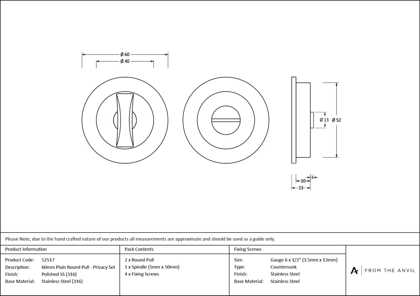 polished marine ss (316) 60mm plain round pull privacy set