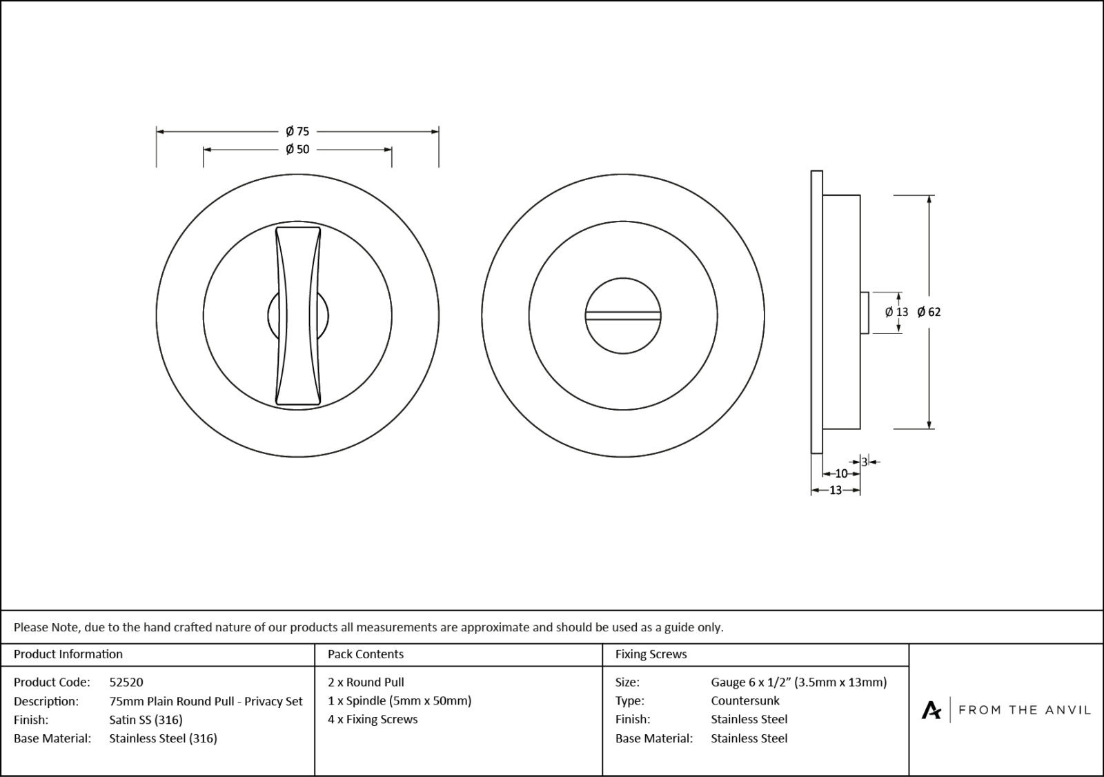 satin marine ss (316) 75mm plain round pull privacy set