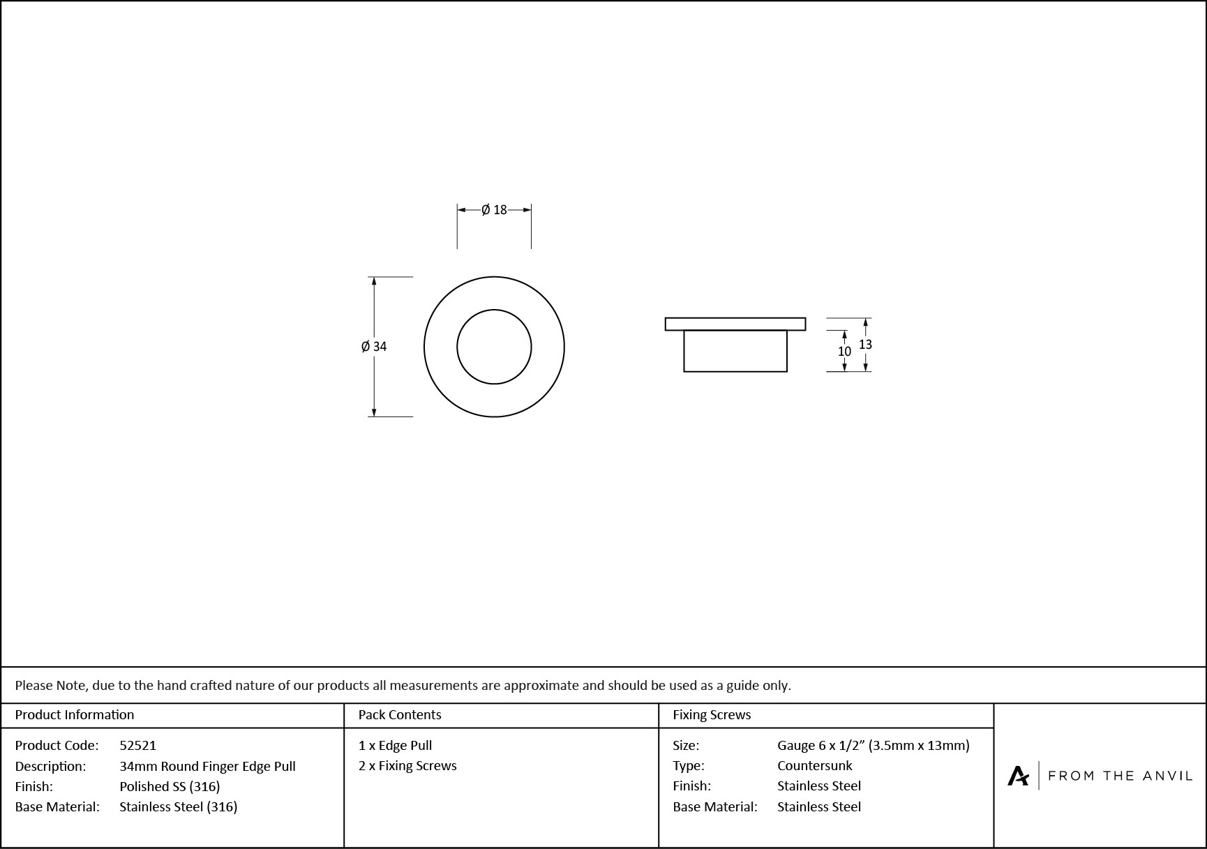 polished marine ss (316) 34mm round finger edge pull