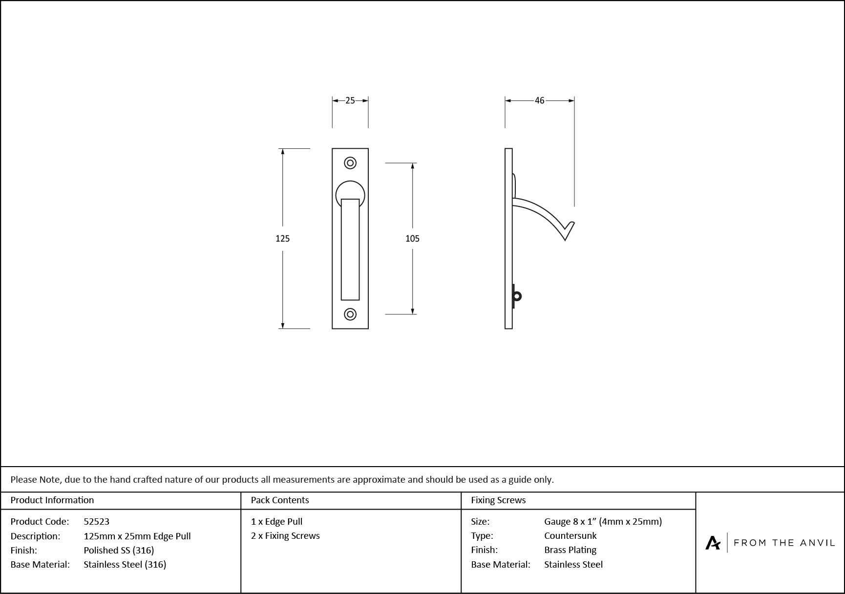 polished marine ss (316) 125mm x 25mm edge pull