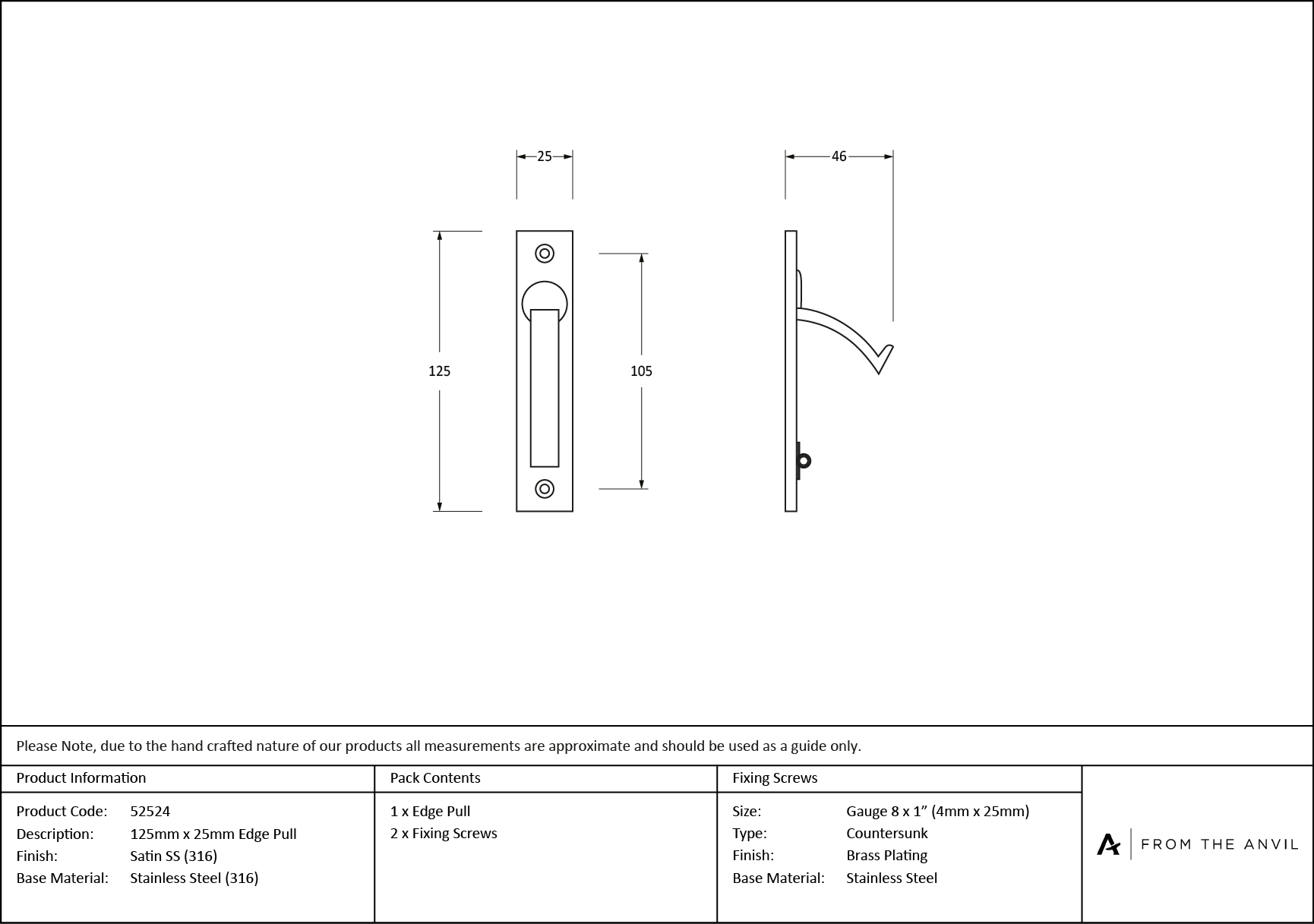 satin marine ss (316) 125mm x 25mm edge pull