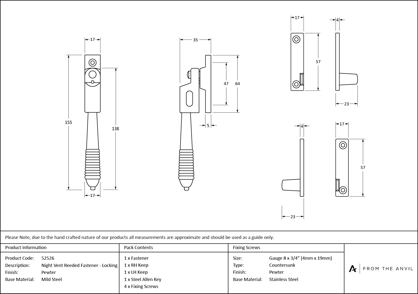 pewter night vent locking reeded fastener