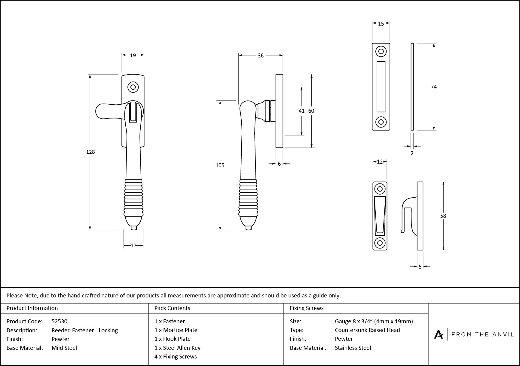 pewter locking reeded fastener