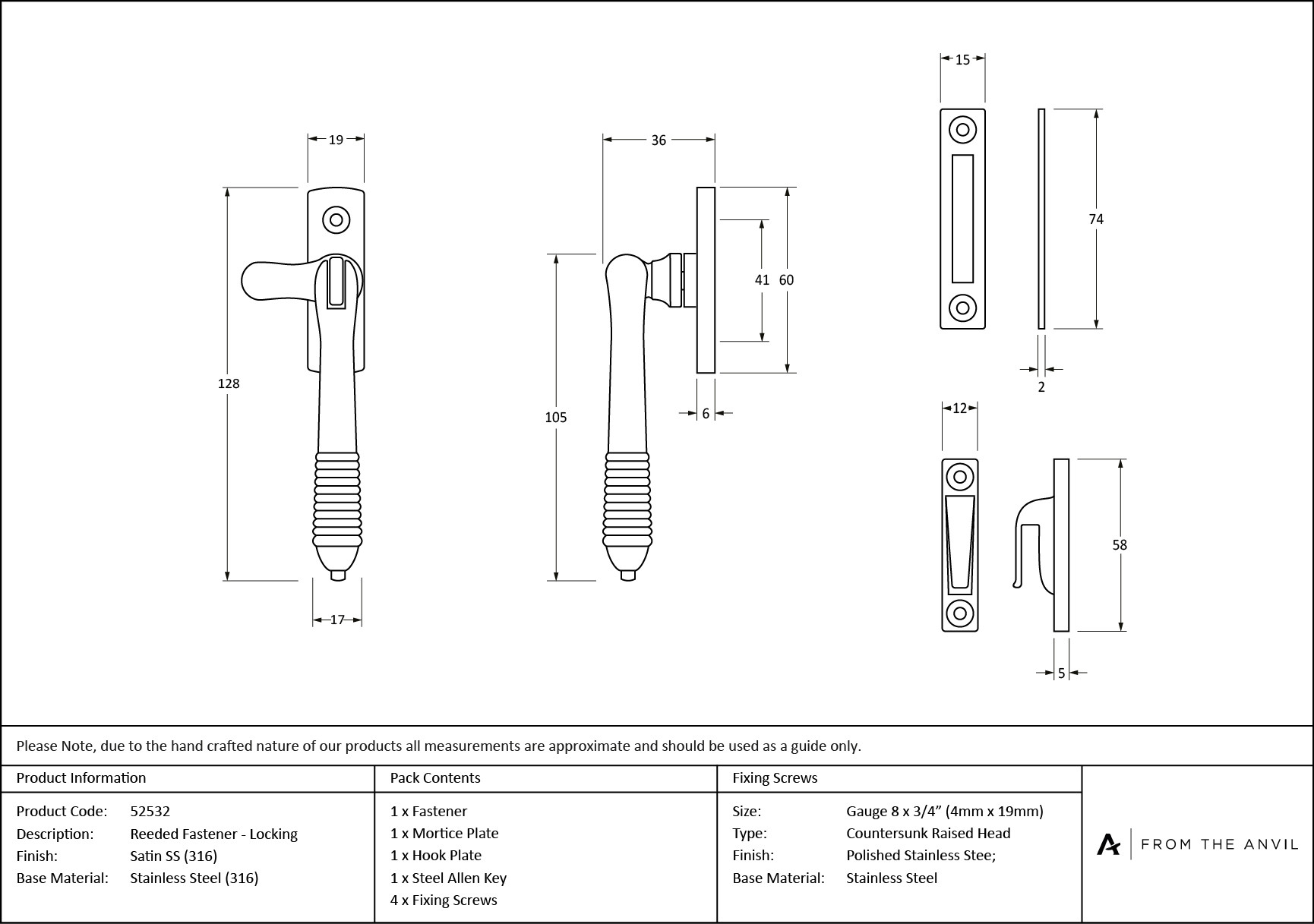 satin marine ss (316) locking reeded fastener