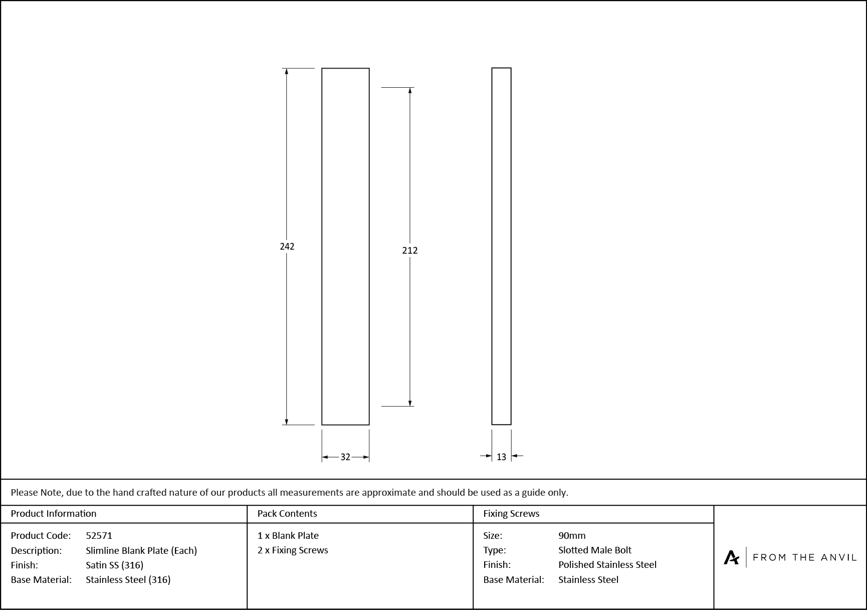 satin marine ss (316) slimline external blank plate (each)