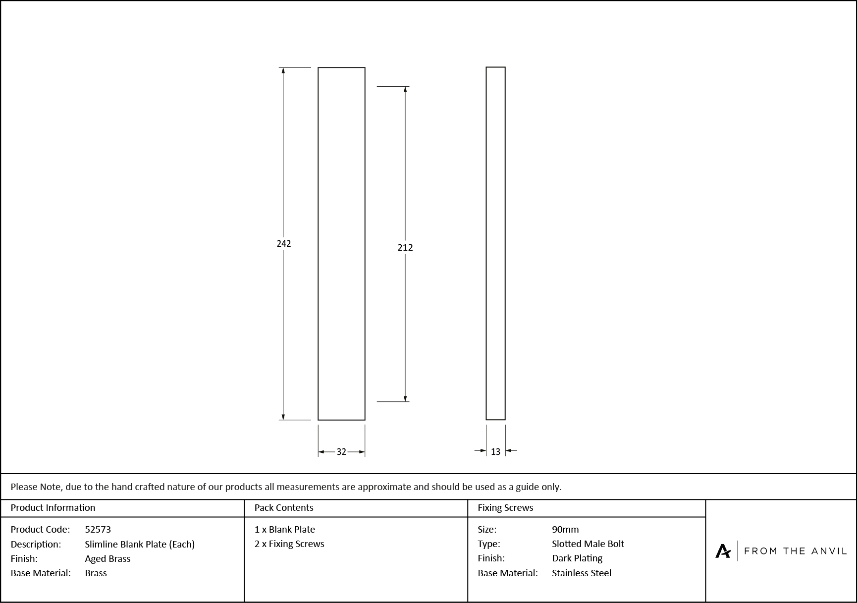 aged brass slimline external blank plate (each)