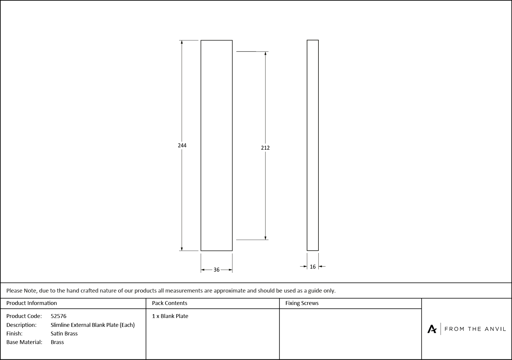 satin brass slimline external blank plate (each)