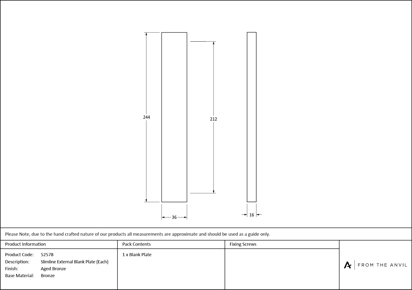 aged bronze slimline external blank plate (each)