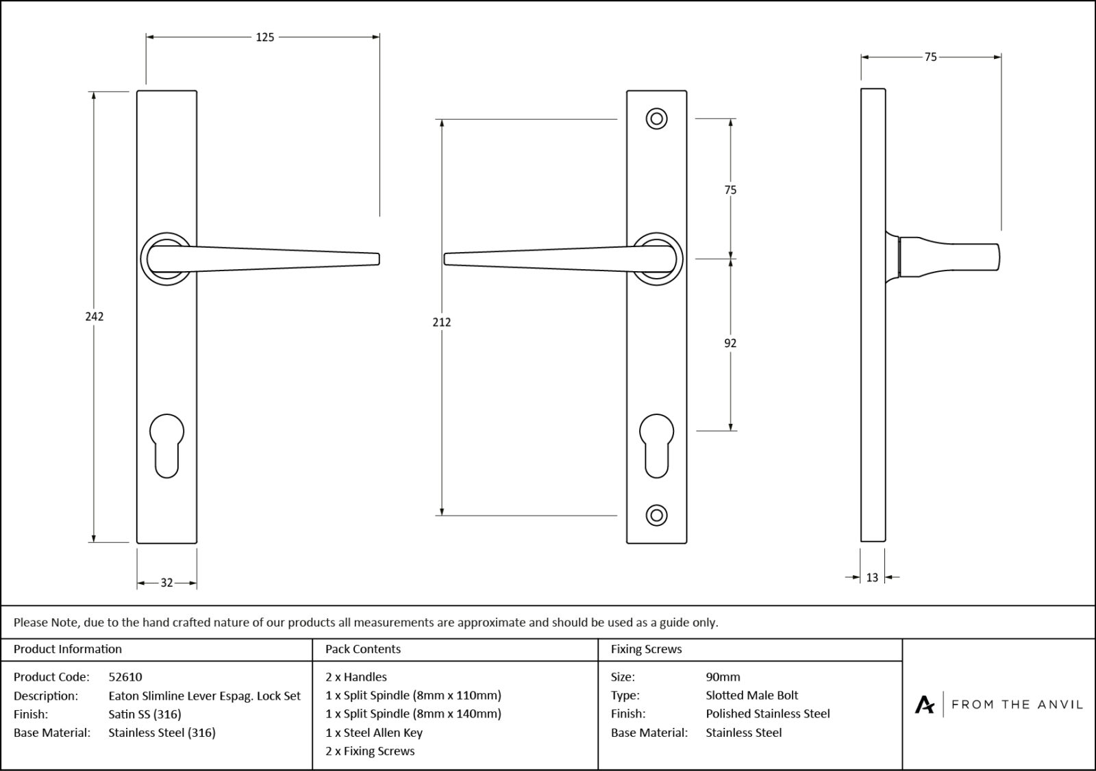 satin marine ss (316) eaton slimline lever espag. lock set