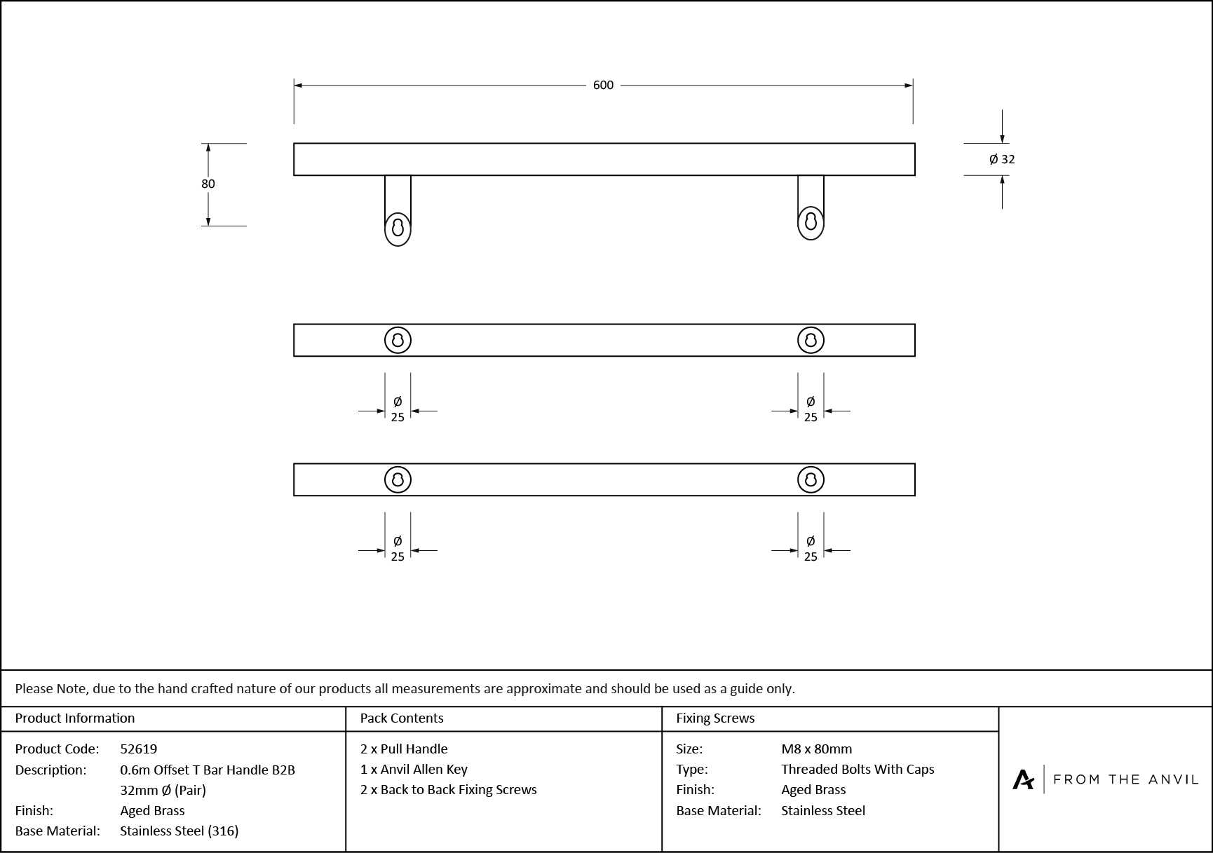 aged brass (316) 0.6m offset t bar handle b2b 32mm Ø