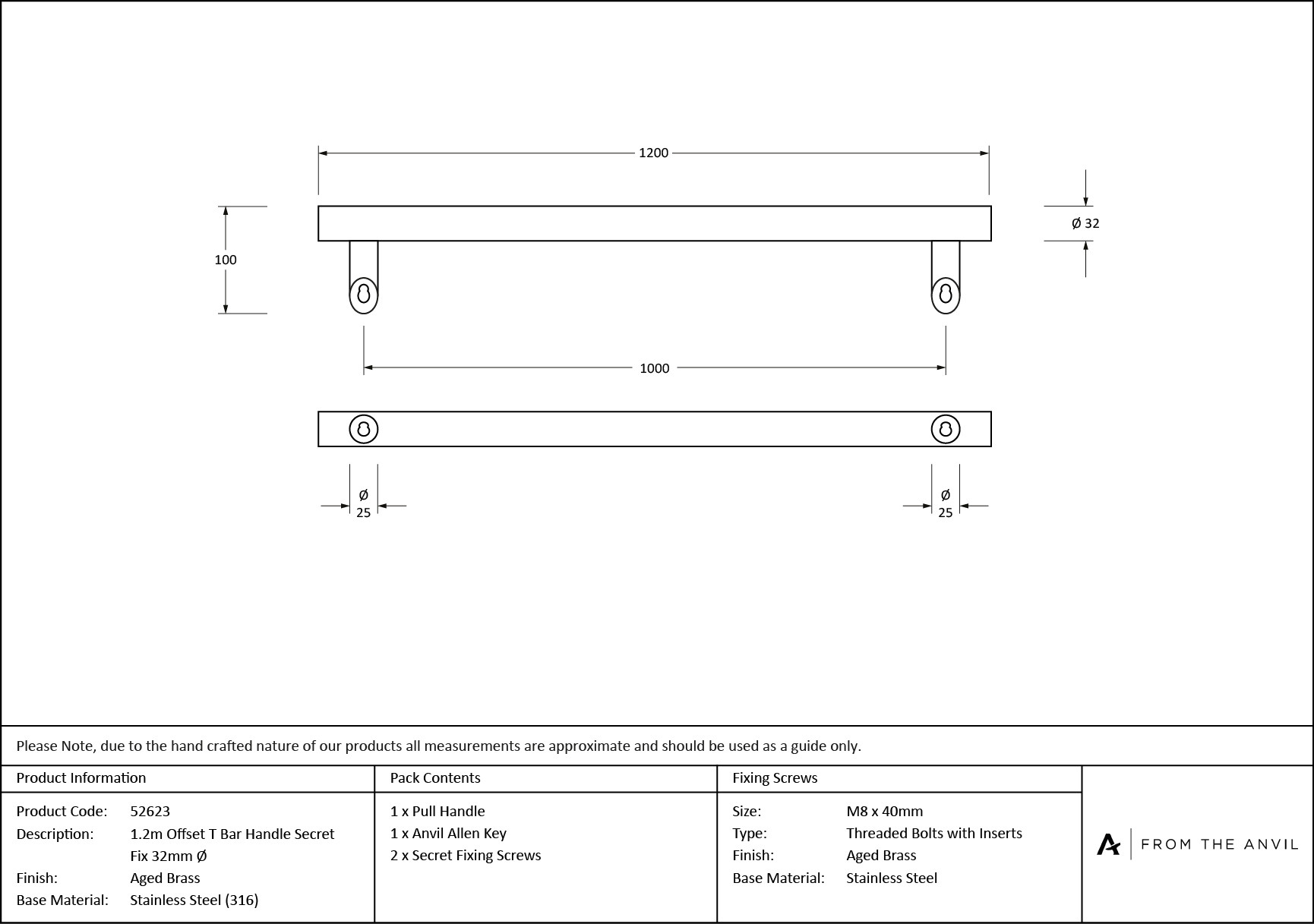 aged brass (316) 1.2m offset t bar handle secret fix 32mm Ø