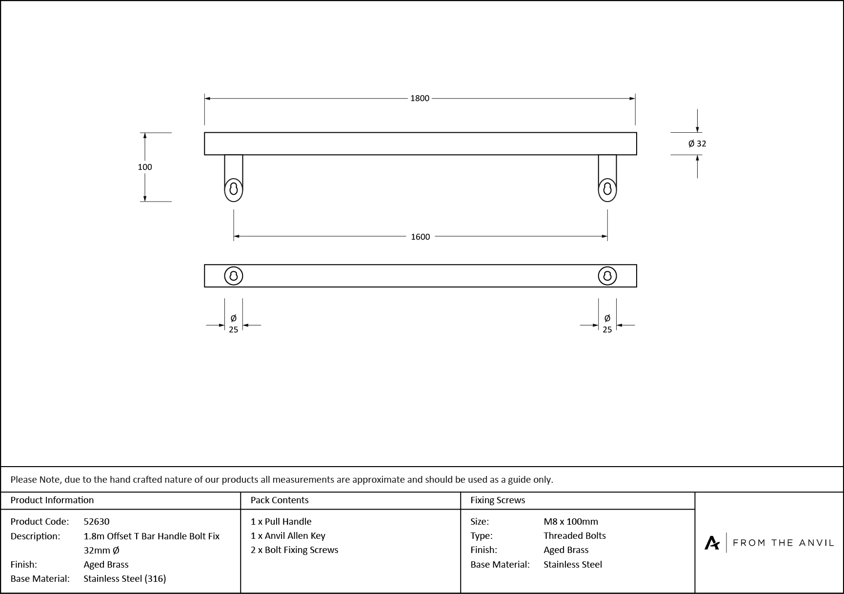 aged brass (316) 1.8m offset t bar handle bolt fix 32mm Ø
