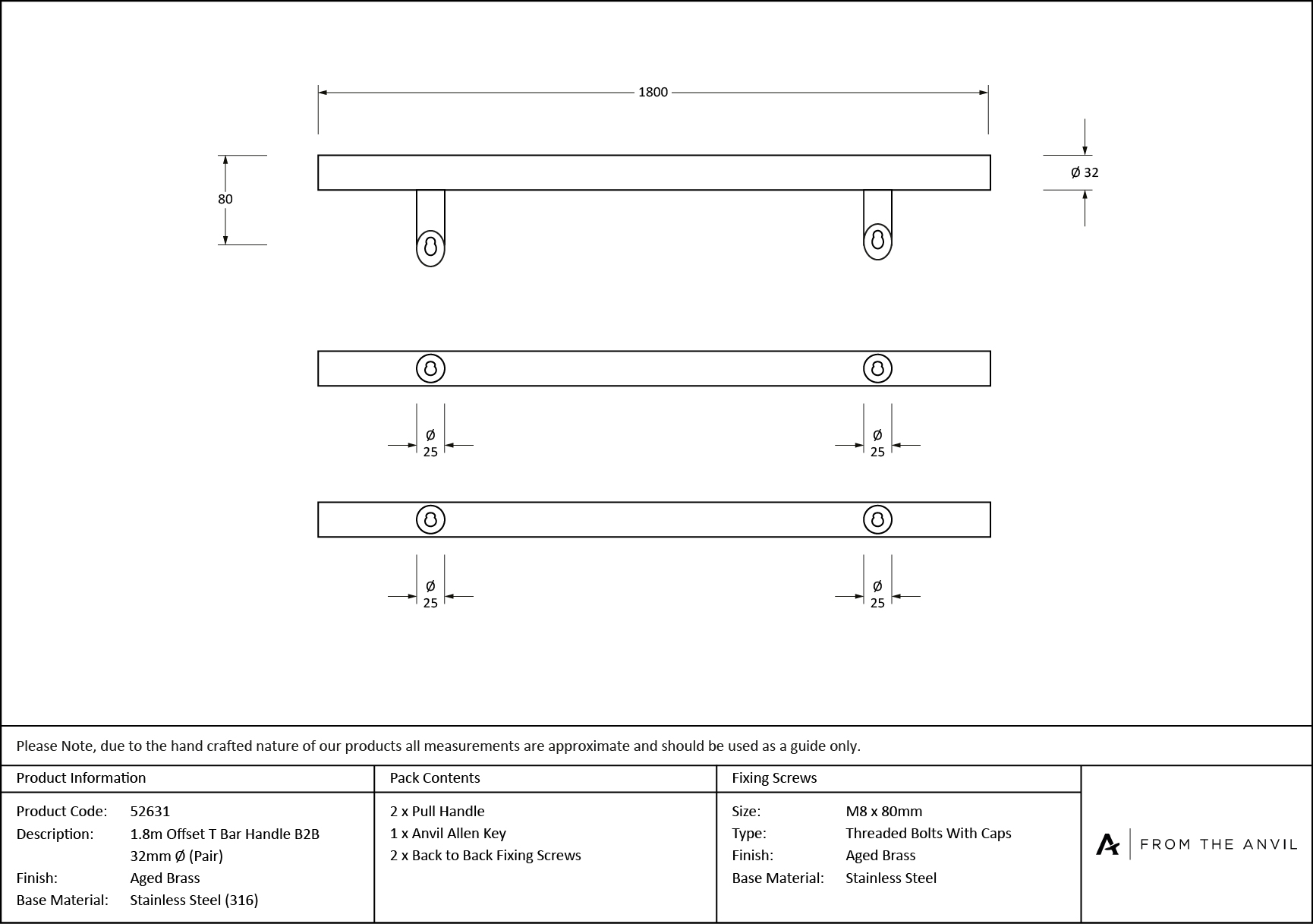 aged brass (316) 1.8m offset t bar handle b2b 32mm Ø