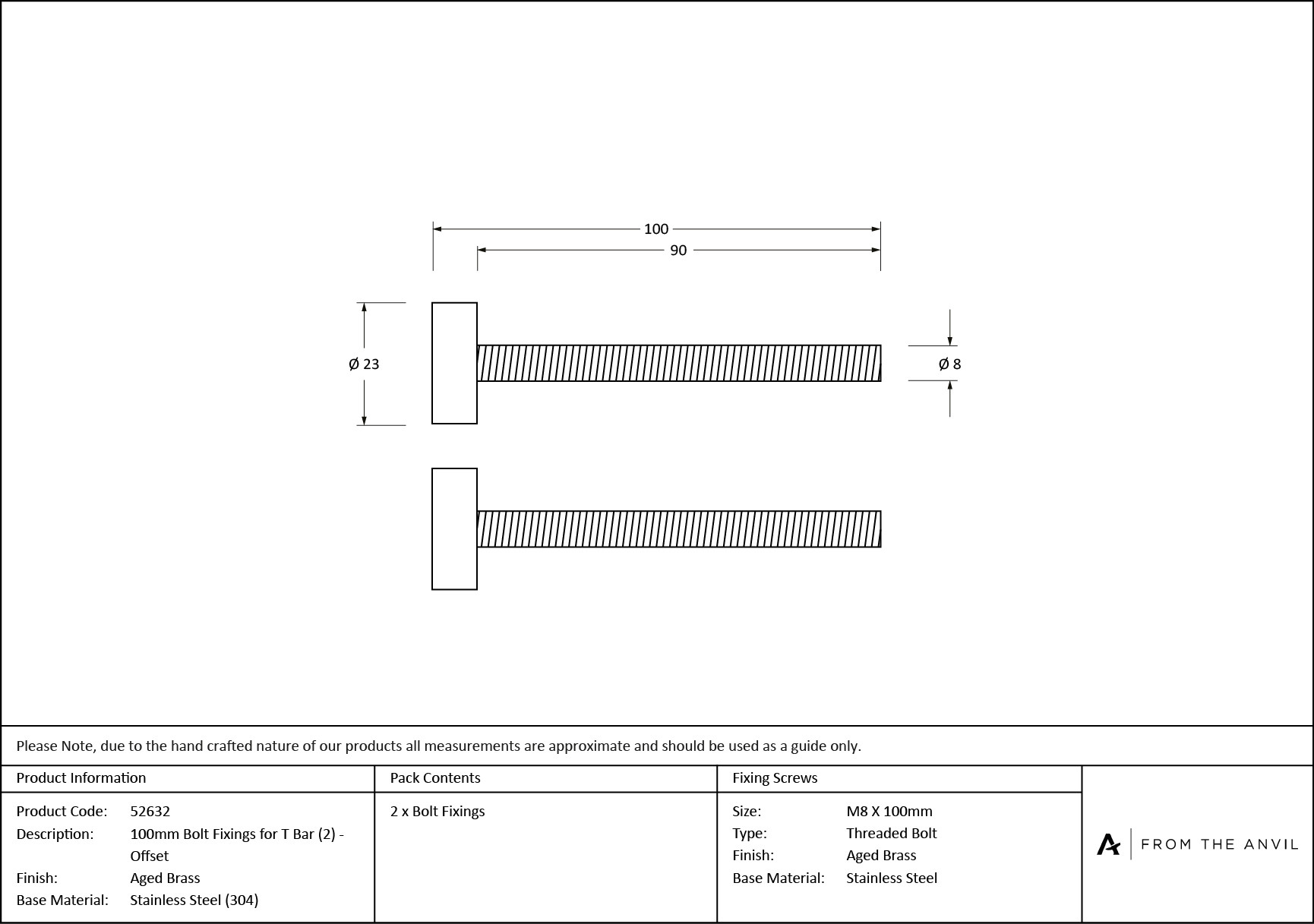 aged brass (304) 100mm bolt fixings for t bar (2) offset