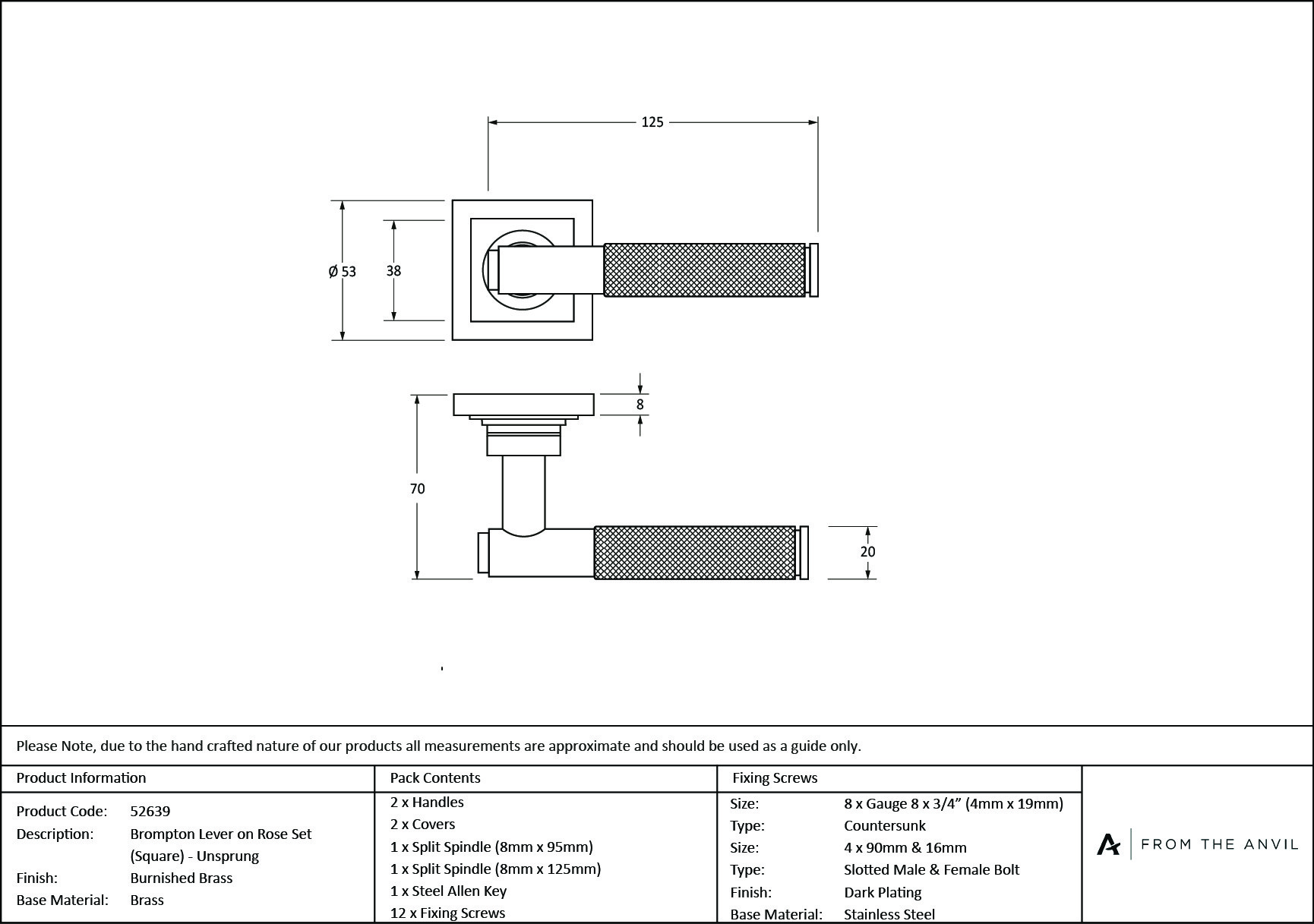 burnished brass brompton lever on rose set (square) unsprung